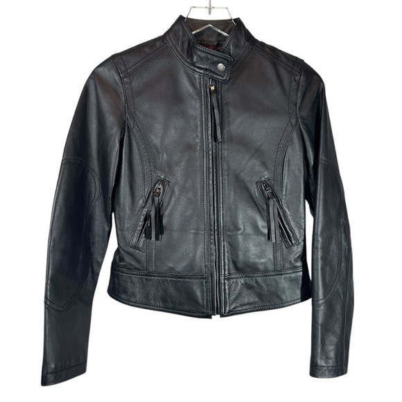 STREET LEGAL Women's XS Black Leather Biker Edgy Full Zip Coat Jacket Silver Zip
